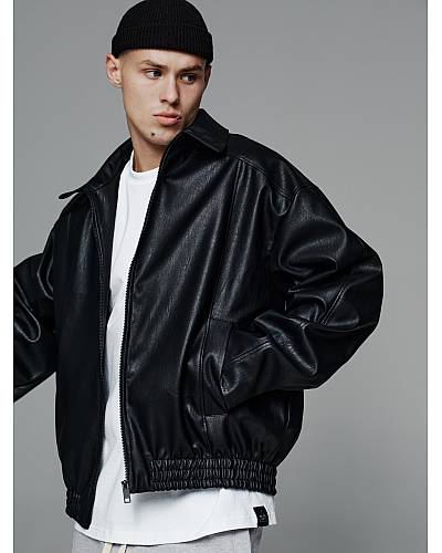 Eco-leather textured jacket for men, black