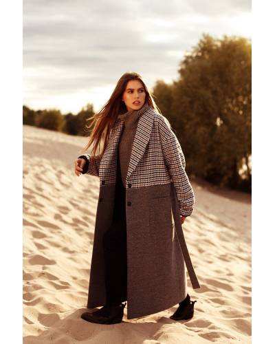 Пальто женское Oversize принт мелкая гусиная лапка - двухцветное/серое