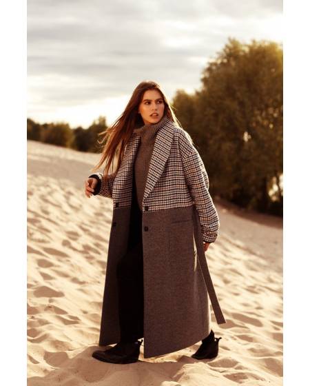 Пальто женское Oversize принт мелкая гусиная лапка - двухцветное/серое