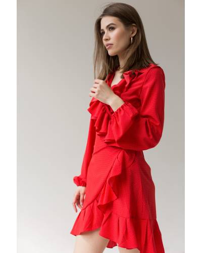 Платье с воланами принт мелкий горох - красное