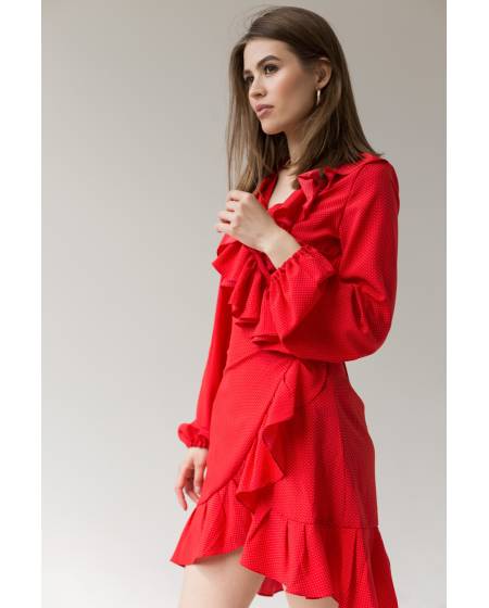 Dress with frills print small peas - red