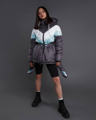 Пуховик з рукавицями - сірий/білий/м'ята