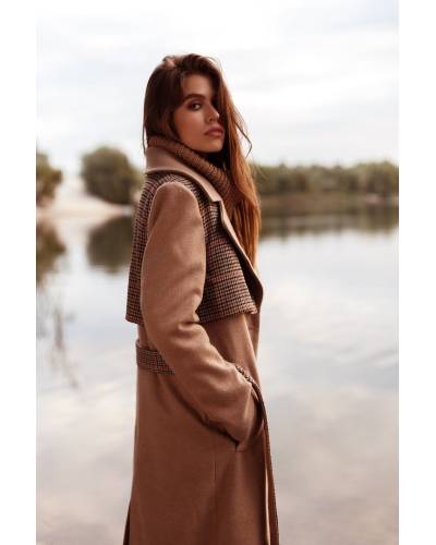 Пальто женское классическое принт мелкая гусиная лапка - двухцветное/бежевое