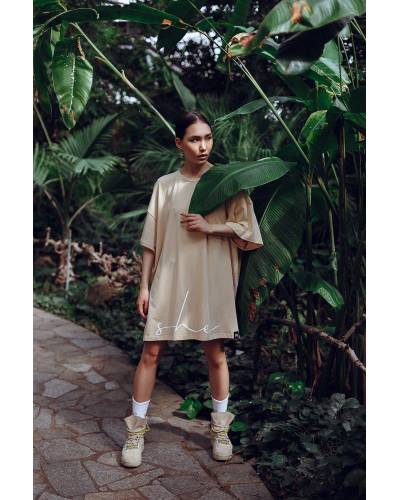 Платье-футболка MIDI OVERSIZE принт SHE No Nude - бежевое
