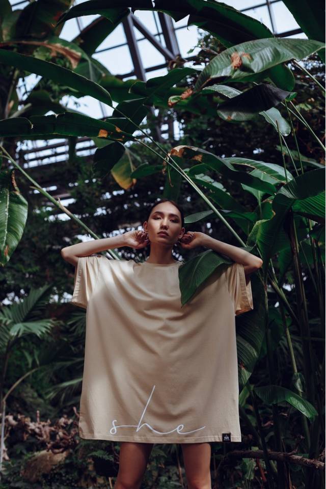 Oversized Cotton Shirt Dress Beige