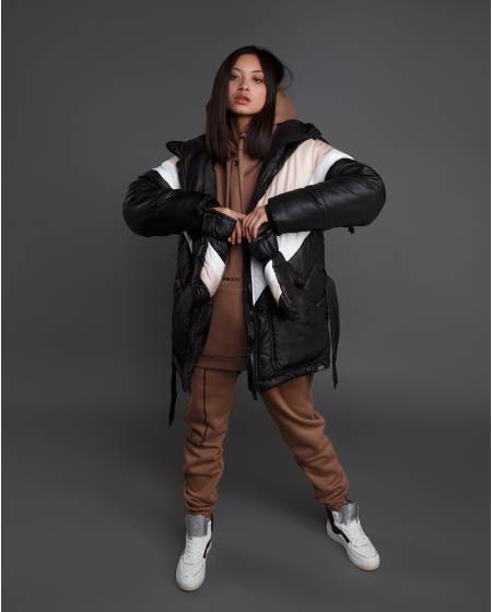 Пуховик з рукавицями - чорний/беж/білий