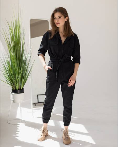 Jumpsuit for women cotton with a belt black