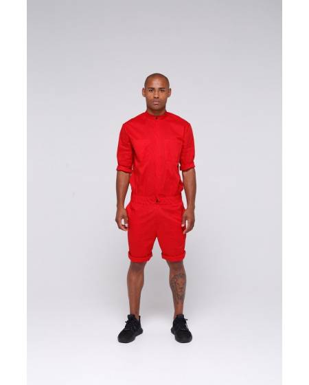 Overalls shorts for men without collar - red