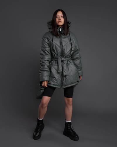 Пуховик з рукавицями екошкіра - сірий