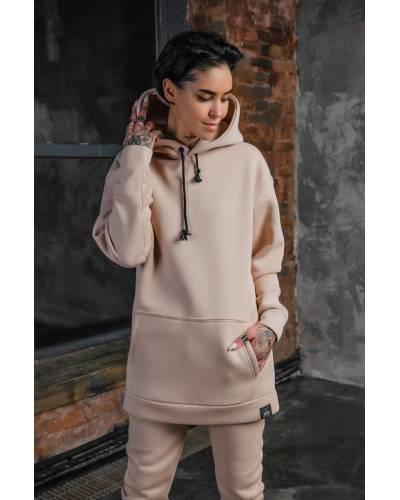 Худи женское удлененное на флисе бежевое