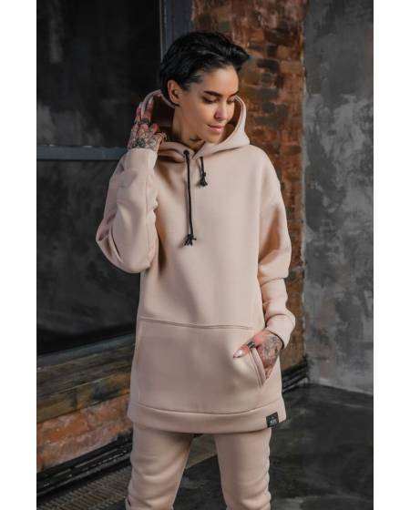 Hoody feminine beige elongated on fleece
