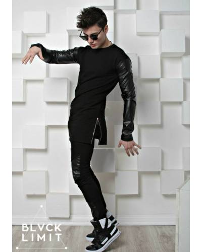 Лонгслив удлиненный с рукавами из экокожи черный