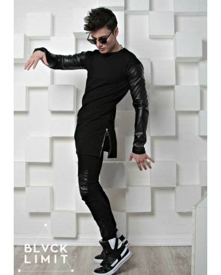 Лонгслив чоловічий подовжений з рукавами з екошкіри чорний