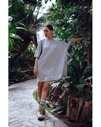 Платье-футболка MIDI OVERSIZE принт SHE Stone - серое