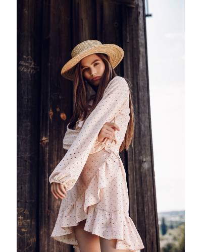 Платье с воланами и принтом синие-белые сердечки на запах - розовое