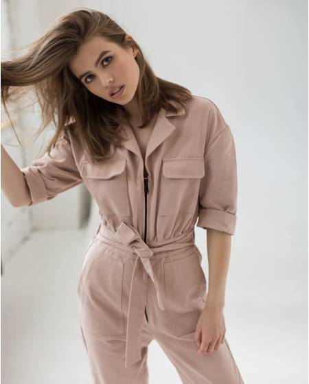 Women's cotton jumpsuit with a belt powder