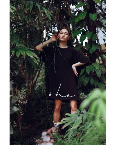 Платье-футболка MIDI OVERSIZE принт SHE Shadow - черное