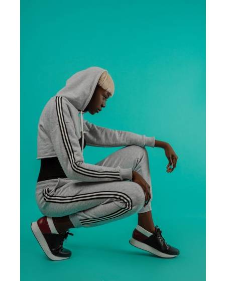 Women's hoodie with stripes short grey