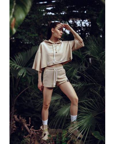 Hooded short sleeve print SHE is Sand beige