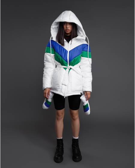 Пуховик з рукавицями - білий/синій/зелений