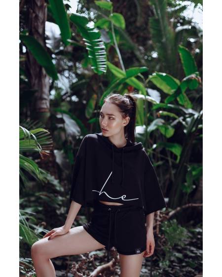 Hooded short sleeve print SHE Coal - black