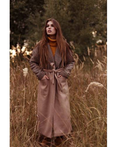 Пальто женское Oversize принт мелкая гусиная лапка - двухцветное/бежевое