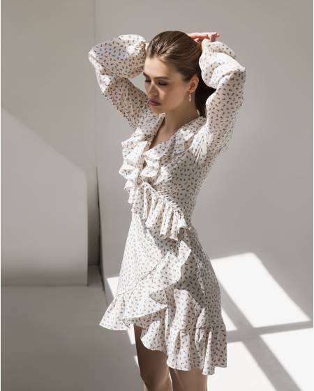 Dress with ruffles print blue / brown hearts - white