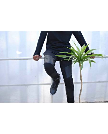 Штани спортивні з вставками з екошкіри чорні